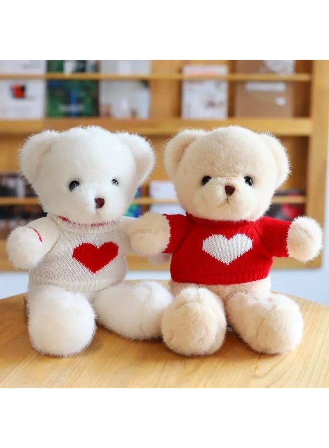 Plush Teddy Bear with Heart Sweater, Soft Stuffed Animal Toy, White and Beige, 30 cm Height, Valentine's Day Gift - Image 1