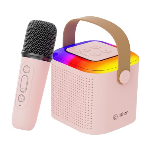 pTron Newly Launched Fusion Tunes 10W Mini Bluetooth Speaker, Wireless Karaoke Mic, 8Hrs Playtime, Vivid RGB Lights, Voice Effects, Multi-Play Modes BT5.1/TF Card & Type-C Charging (Light Pink) - Image 1