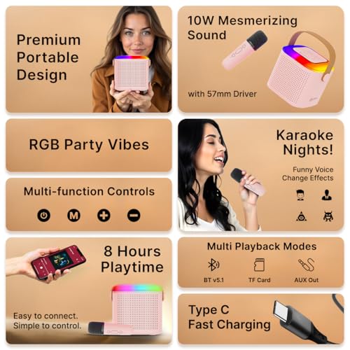 pTron Newly Launched Fusion Tunes 10W Mini Bluetooth Speaker, Wireless Karaoke Mic, 8Hrs Playtime, Vivid RGB Lights, Voice Effects, Multi-Play Modes BT5.1/TF Card & Type-C Charging (Light Pink) - Image 2