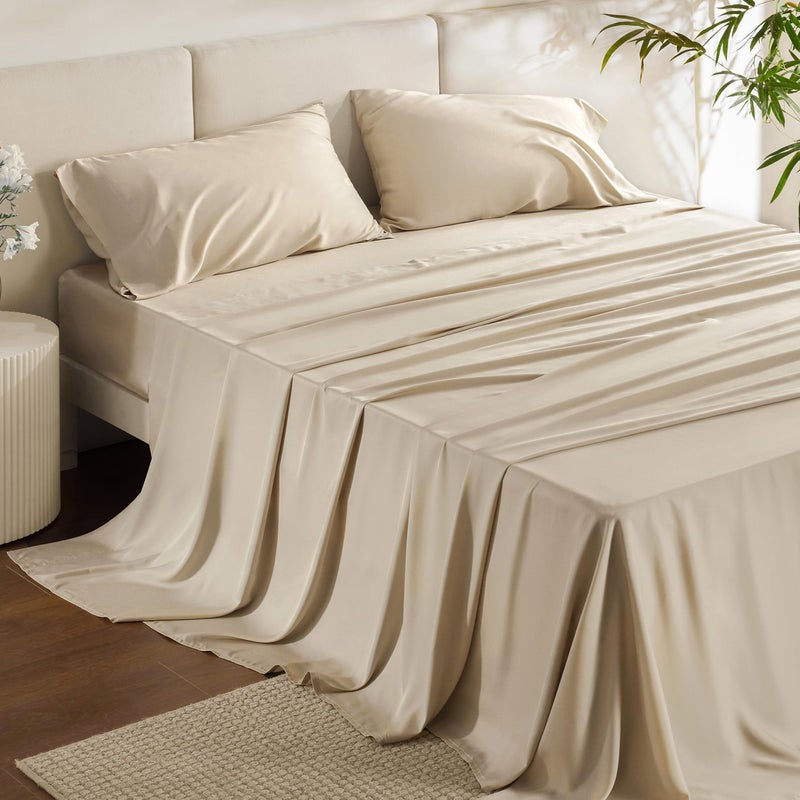 Bedsure King Size Sheet Set, Cooling Sheets, Rayon Derived from Bamboo, Deep Pocket Up to 16", PureWoven, Breathable & Soft, Bed Sheets, Hotel Luxury Silky Bedding for Hot Sleepers, Beige - Image 1