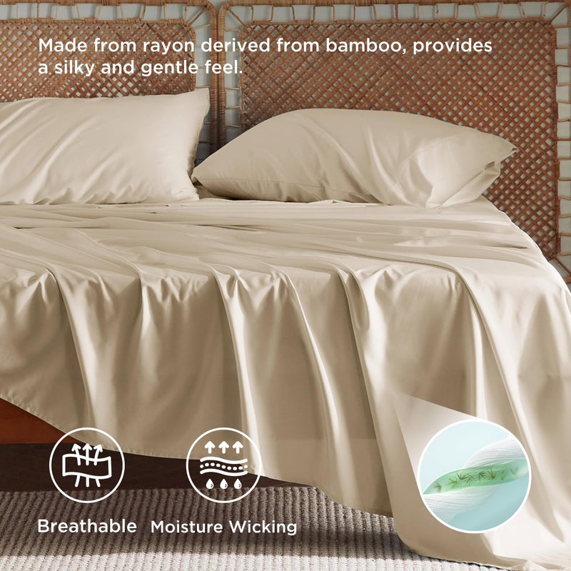 Bedsure King Size Sheet Set, Cooling Sheets, Rayon Derived from Bamboo, Deep Pocket Up to 16", PureWoven, Breathable & Soft, Bed Sheets, Hotel Luxury Silky Bedding for Hot Sleepers, Beige - Image 3