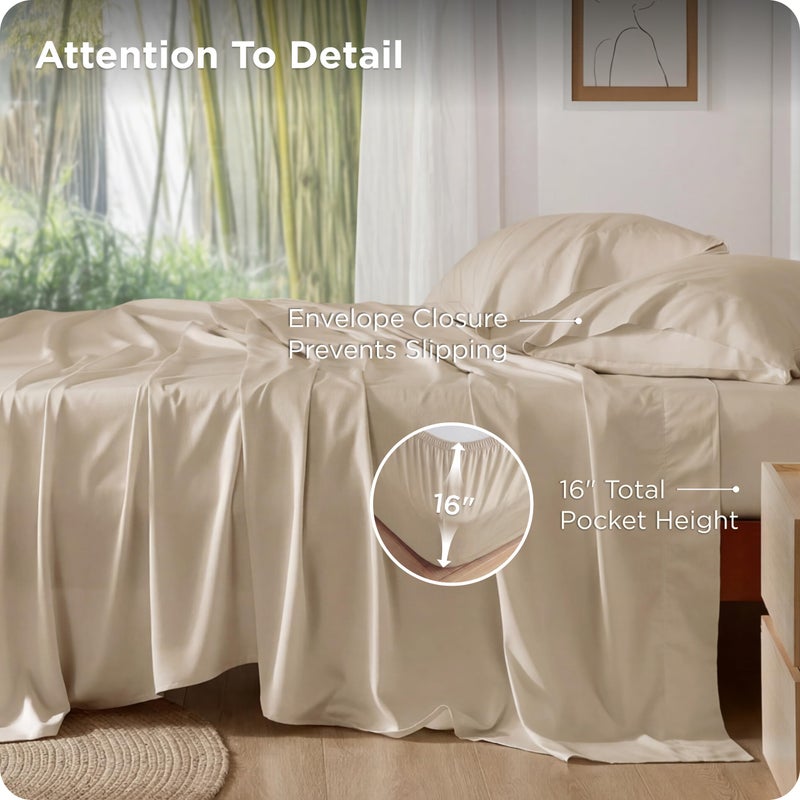 Bedsure King Size Sheet Set, Cooling Sheets, Rayon Derived from Bamboo, Deep Pocket Up to 16", PureWoven, Breathable & Soft, Bed Sheets, Hotel Luxury Silky Bedding for Hot Sleepers, Beige - Image 5