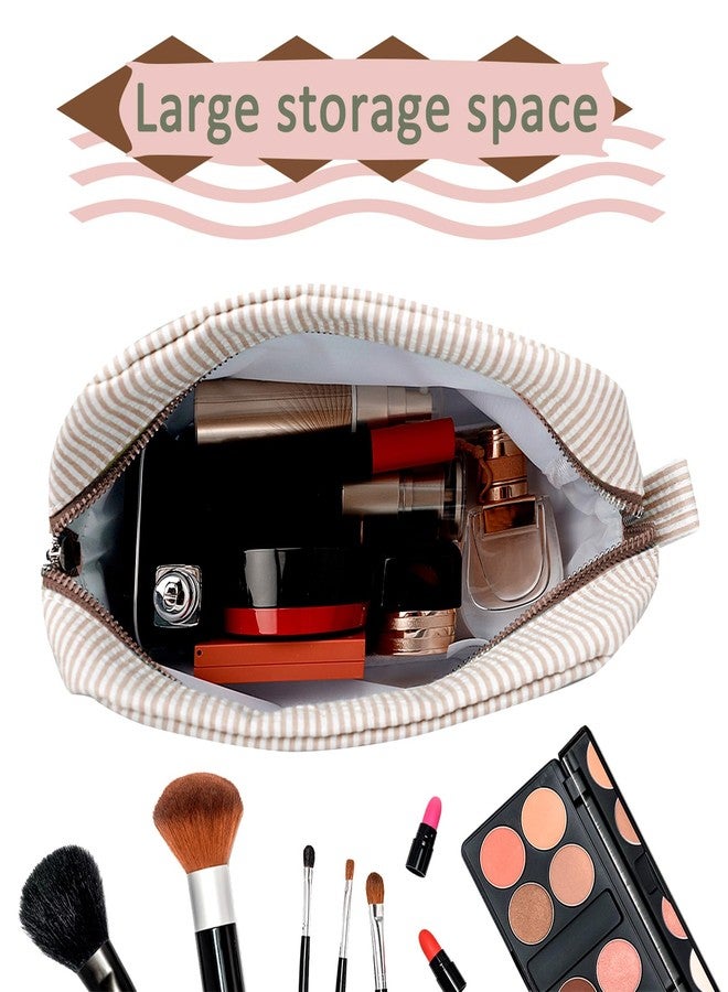 GFU Cosmetic Bags for Women, Seersucker Cosmetic Bag, Travel Toiletry Stripe Makeup Bag, Large Women Aesthetic Organizer Storage Pouch, Girls Handbags Purses, brown - Image 2