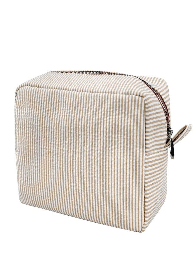 GFU Cosmetic Bags for Women, Seersucker Cosmetic Bag, Travel Toiletry Stripe Makeup Bag, Large Women Aesthetic Organizer Storage Pouch, Girls Handbags Purses, brown - Image 1