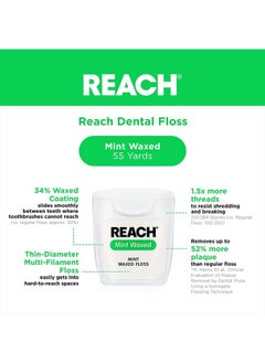 REACH Waxed Dental Floss | Effective Plaque Removal, Extra Wide Cleaning Surface | Shred Resistance & Tension, Slides Smoothly & Easily , PFAS FREE | Mint Flavored, 55 Yards, 1 Pack  - Image 2