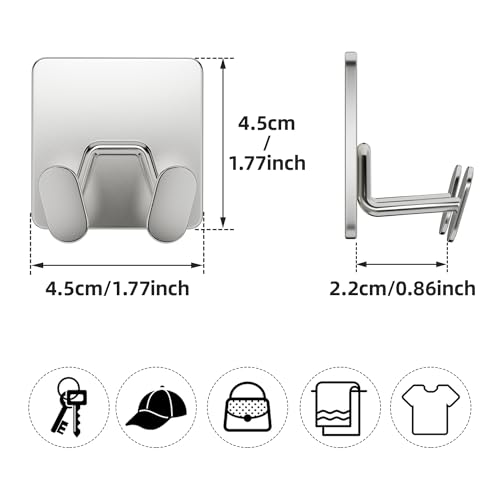susswiff Adhesive Shower Hooks for Inside - Extra Sticky Stainless, Razor Holder Shower Accessories, Wall Mounted Self-Adhesive Double Hooks for Razor, Loofah, Towel, Shaver, Coat, Key, Silver, 4-Pack - Image 5