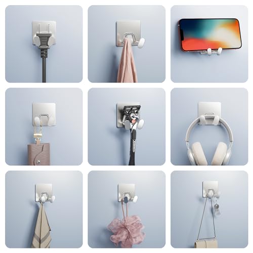 susswiff Adhesive Shower Hooks for Inside - Extra Sticky Stainless, Razor Holder Shower Accessories, Wall Mounted Self-Adhesive Double Hooks for Razor, Loofah, Towel, Shaver, Coat, Key, Silver, 4-Pack - Image 3