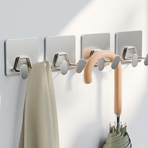 susswiff Adhesive Shower Hooks for Inside - Extra Sticky Stainless, Razor Holder Shower Accessories, Wall Mounted Self-Adhesive Double Hooks for Razor, Loofah, Towel, Shaver, Coat, Key, Silver, 4-Pack - Image 2