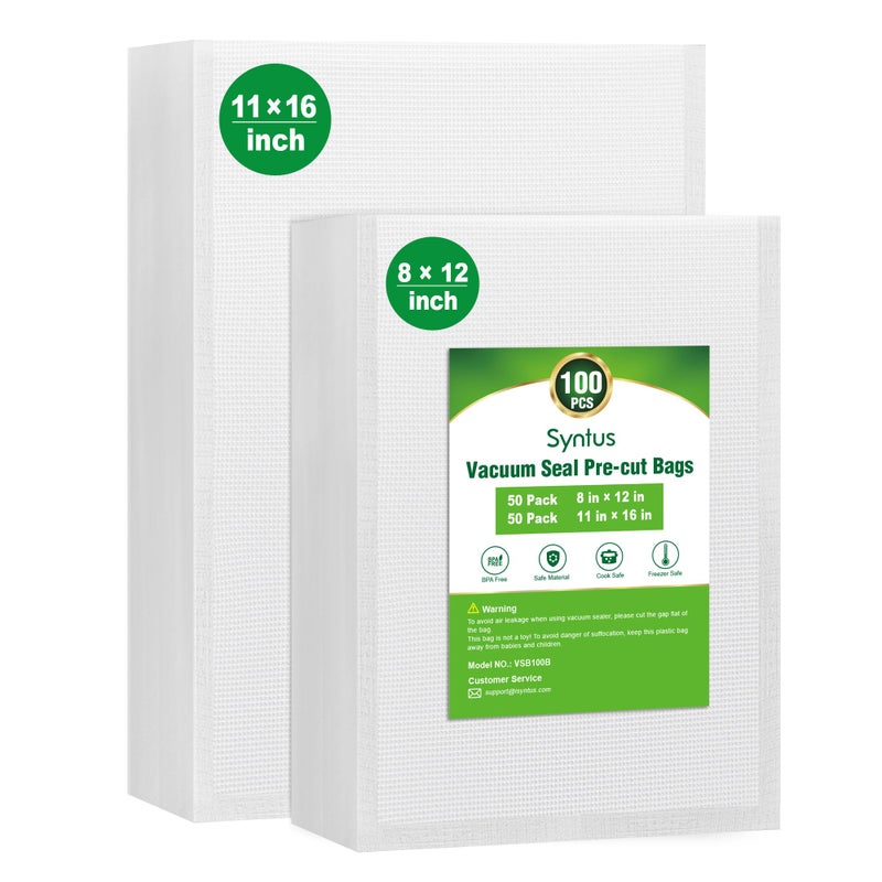Syntus Vacuum Sealer Bags 100 Gallon 11 x 16 and Quart 8 x 12 Commercial Grade PreCut Bag BPA Free Food Vac Bags for Storage Meal Prep or Sous Vide