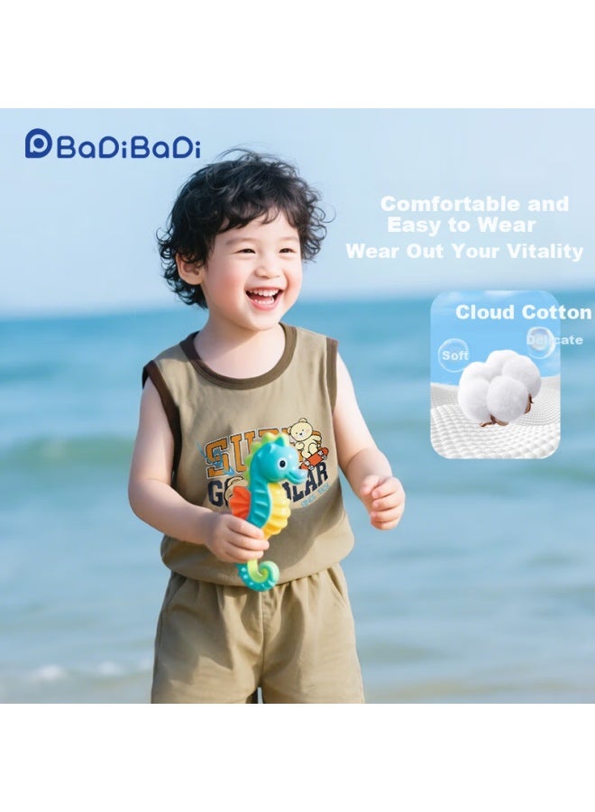 Badibadi Summer Infant And Toddler Pure Cotton Set Sleeveless Vest And Shorts For Baby Boys And Girls, Khaki Color, Skateboard Bear Design, Size 90