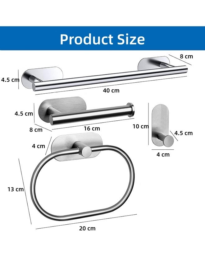 4 Pieces Towel Holders,Bathroom Accessories Set,Self Adhesive Bathroom Holder Accessories Set,Stainless Steel Towel Holders,Including 16" Towel Holder, Toilet Paper Holder, Towel Ring, Towel Hook for Bathroom,No Drilling(silver) - Image 2