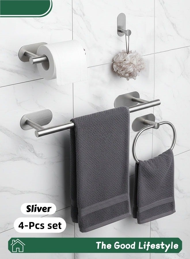 4 Pieces Towel Holders,Bathroom Accessories Set,Self Adhesive Bathroom Holder Accessories Set,Stainless Steel Towel Holders,Including 16" Towel Holder, Toilet Paper Holder, Towel Ring, Towel Hook for Bathroom,No Drilling(silver) - Image 1
