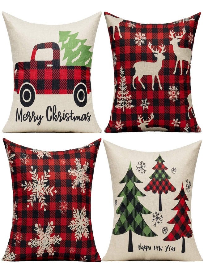 VAKADO Christmas Throw Pillow Covers Decorations Outdoor 18x18 Set of 4 Farmhouse Buffalo Check Xmas Red Deer Cushion Cases Winter Living Room Snow Holiday Home Decor for Couch Porch Indoor Navidad - Image 1