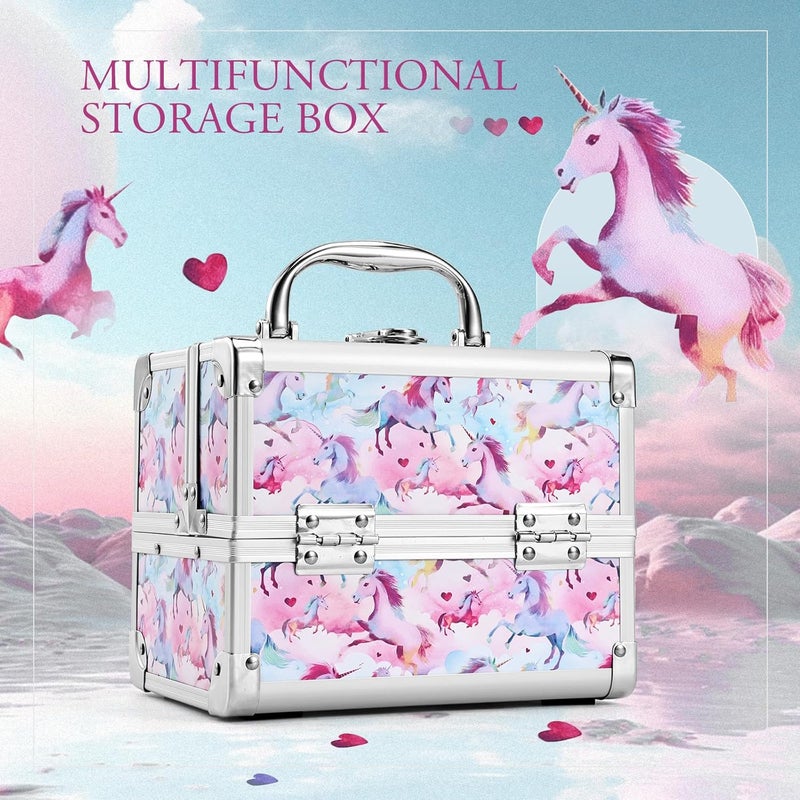 Joligrace Makeup Case for Girls Cosmetic Train Case Makeup Storage Box Jewelry Organizer Hair Accessories Lockable with Trays & Mirror Kids Gift Coloful Pink Unicorn - Image 2