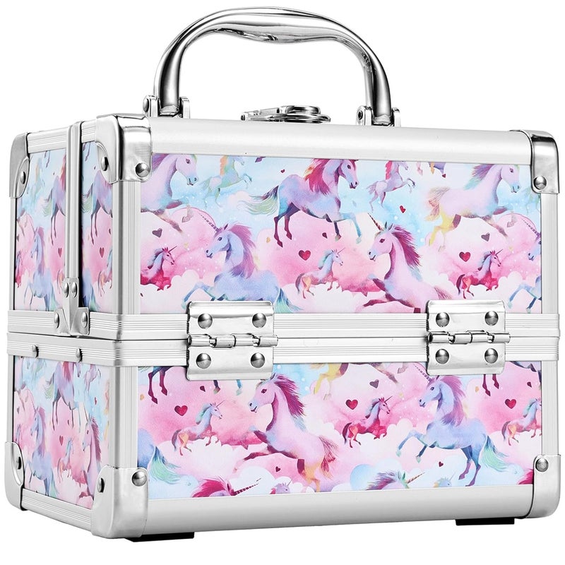 Joligrace Makeup Case for Girls Cosmetic Train Case Makeup Storage Box Jewelry Organizer Hair Accessories Lockable with Trays & Mirror Kids Gift Coloful Pink Unicorn - Image 1
