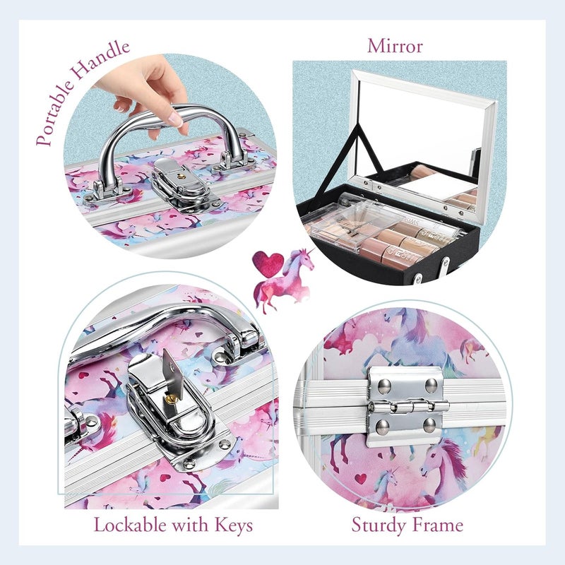 Joligrace Makeup Case for Girls Cosmetic Train Case Makeup Storage Box Jewelry Organizer Hair Accessories Lockable with Trays & Mirror Kids Gift Coloful Pink Unicorn - Image 4
