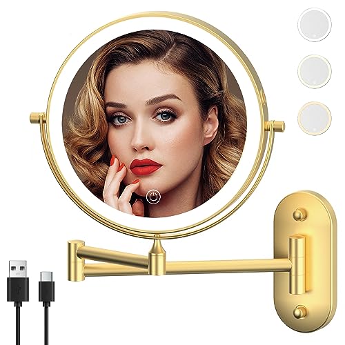 MIROAMZ Rechargeable Wall Mounted Lighted Makeup Vanity Mirror 8 Inch Double Sided 1X 10X Magnifying Bathroom Mirror, 3 Color Lighting, Touch Screen Dimming, 360 Rotation Shaving Mirror - Image 1