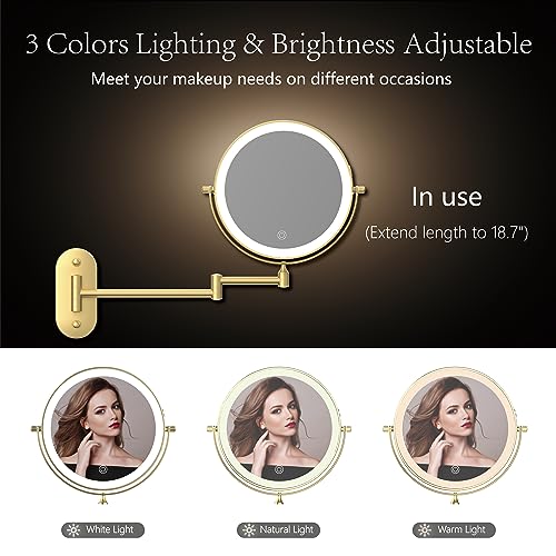 MIROAMZ Rechargeable Wall Mounted Lighted Makeup Vanity Mirror 8 Inch Double Sided 1X 10X Magnifying Bathroom Mirror, 3 Color Lighting, Touch Screen Dimming, 360 Rotation Shaving Mirror - Image 3