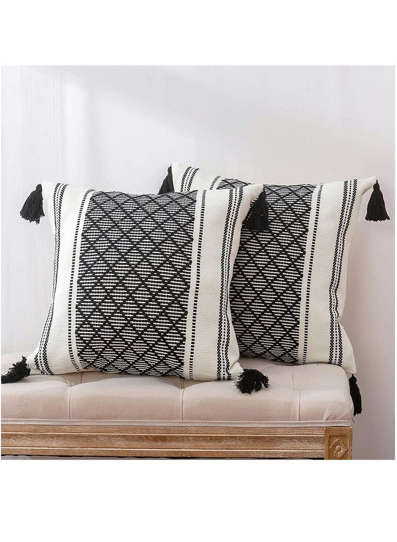 Set of 2 Boho Neutral Decorative Throw Pillow Covers 18x18 Inch  Cotton Woven Diamond Jacquard Pattern Pillow Cases for Couch Sofa Bedroom Car Modern Accent Square Pillowcase Black - Image 1