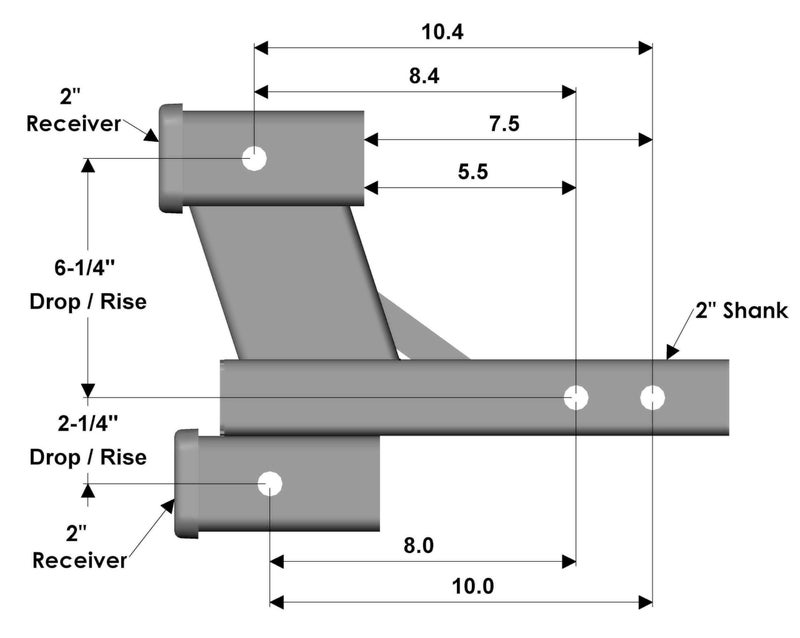 TOPTOW 64085 Trailer Dual Hitch Extender, 2-1/4-inch & 6-1/4-inch Rise/Drop, 2" Receiver, 2-inch Shank, 7500lbs Capacity - Image 2