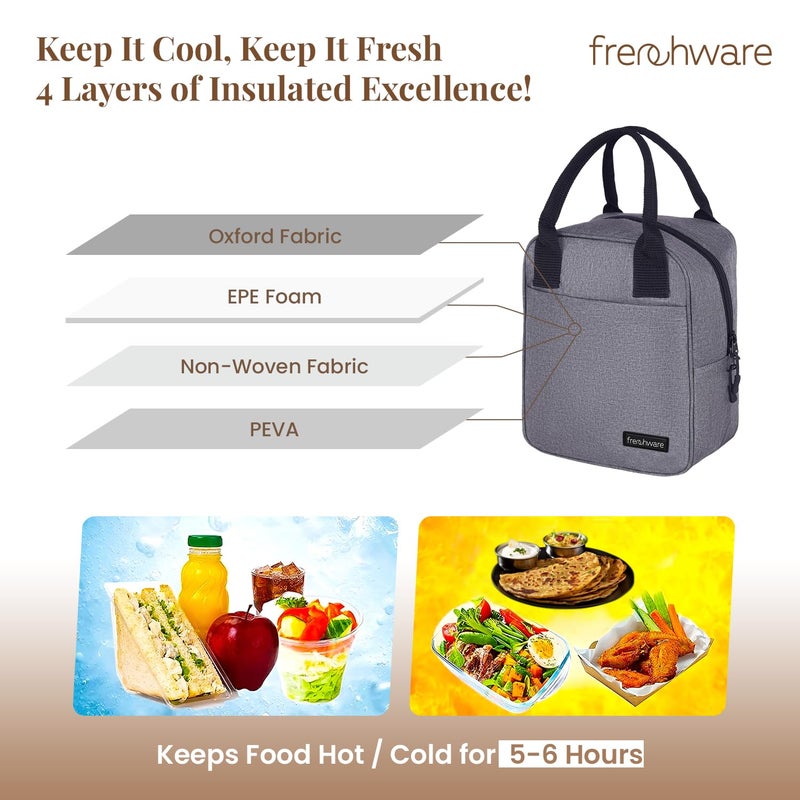 Frenchware Insulated Lunch Bag (7 Litre, 15 kg, Grey), Office Tiffin Bags for Men and Women, Hot & Cold Travel Lunch Box for Men, Tiffin Box & Bottles, Lunch Bag for Office, Picnic Bag (Nylon) - Image 3