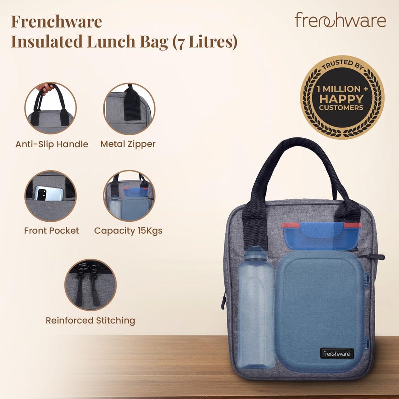 Frenchware Insulated Lunch Bag (7 Litre, 15 kg, Grey), Office Tiffin Bags for Men and Women, Hot & Cold Travel Lunch Box for Men, Tiffin Box & Bottles, Lunch Bag for Office, Picnic Bag (Nylon) - Image 2