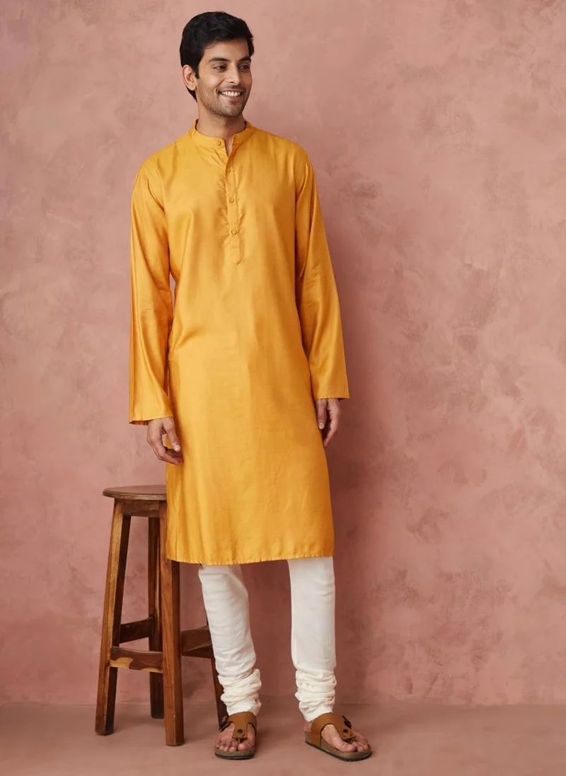 فاب انديا Yellow Viscose Silk Comfort Fit Long Kurta