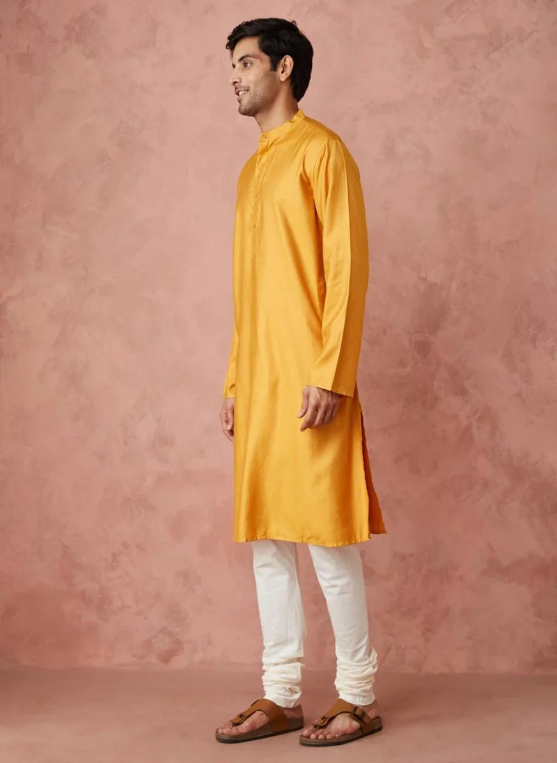 Fabindia Yellow Viscose Silk Comfort Fit Long Kurta