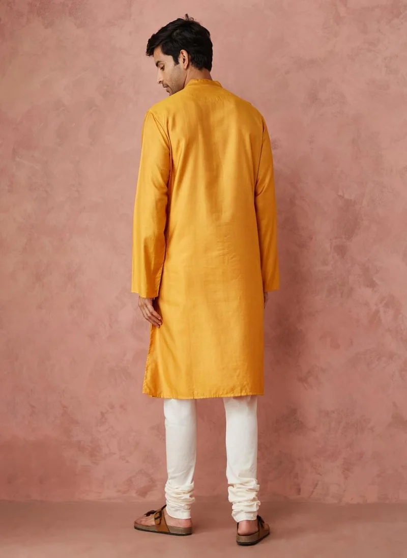 Fabindia Yellow Viscose Silk Comfort Fit Long Kurta