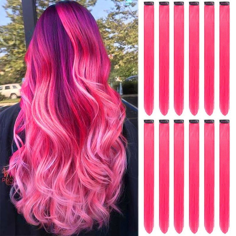 GPOVVIMX 12 PCS Hot Pink Hair Extensions Clip in Colored Party Highlights Extension for Kids Girls Synthetic Hairpiece Straight 22 inch