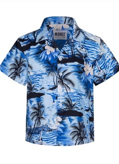 Little & Big Boys Hawaiian Shirts Short Sleeve Hawaii Summer Beach Tropical Casual Aloha Luau Shirts Top for Kids Light Blue 5-6 Years Old