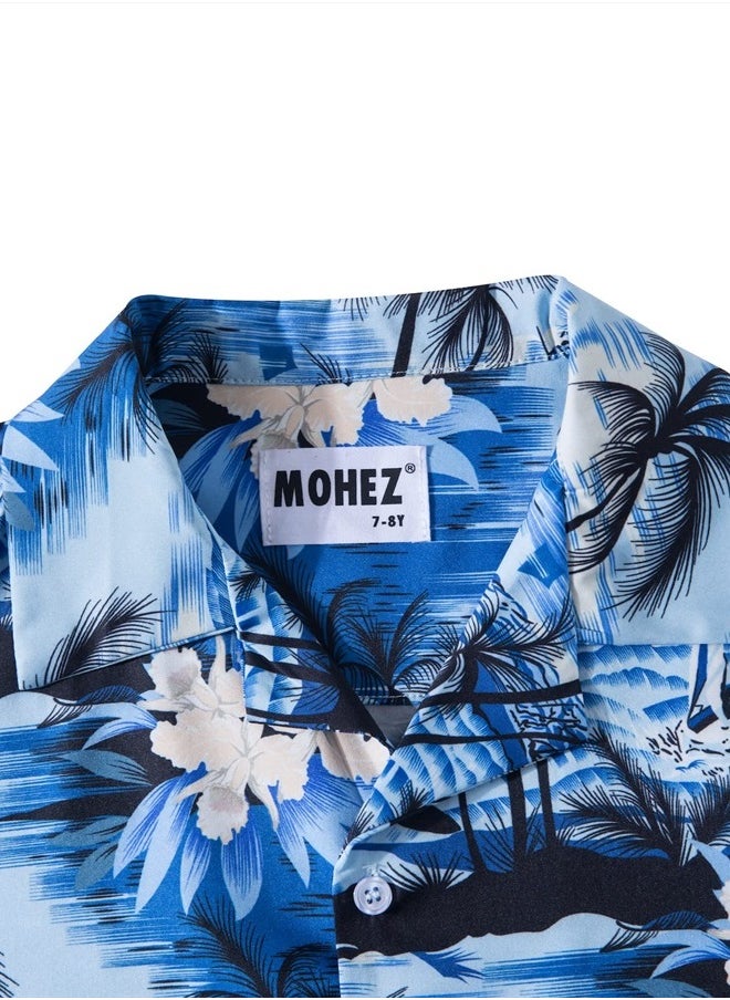 MOHEZ - Little & Big Boys Hawaiian Shirts Short Sleeve Hawaii Summer Beach Tropical Casual Aloha Luau Shirts Top for Kids Light Blue 5-6 Years Old - Image 1
