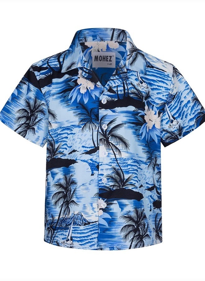 MOHEZ - Little & Big Boys Hawaiian Shirts Short Sleeve Hawaii Summer Beach Tropical Casual Aloha Luau Shirts Top for Kids Light Blue 5-6 Years Old - Image 1