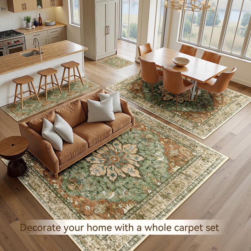 RELEANY Area Rugs 6'x9' Washable Non-Slip, Floral Vintage Distress Print Pattern Medallion Carpet for Living Room Bedroom Dining Room, Brick Red Rust Neutral Brown Burnt Orange Green - Image 2