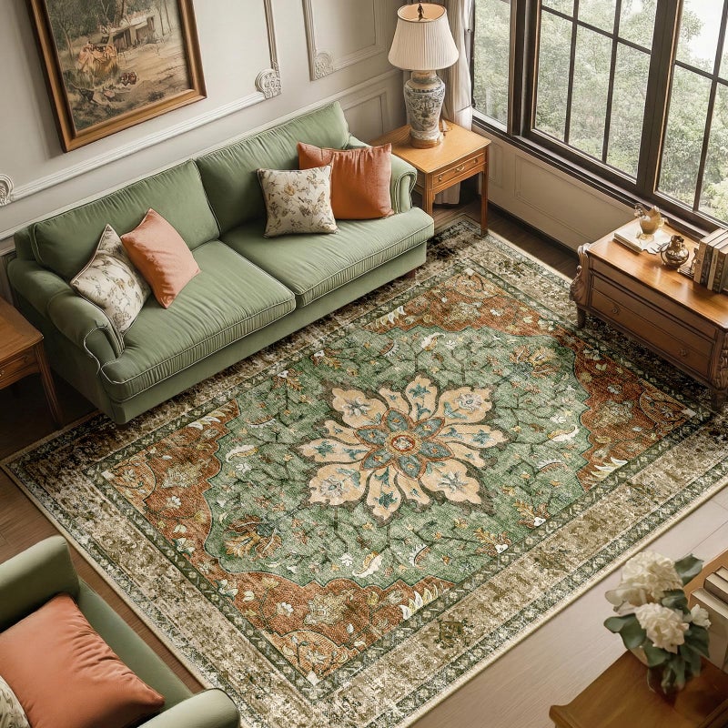 RELEANY Area Rugs 6'x9' Washable Non-Slip, Floral Vintage Distress Print Pattern Medallion Carpet for Living Room Bedroom Dining Room, Brick Red Rust Neutral Brown Burnt Orange Green - Image 1
