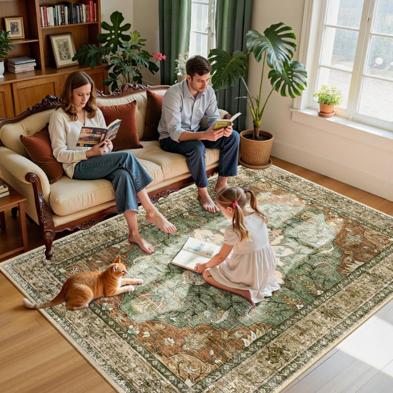 RELEANY Area Rugs 6'x9' Washable Non-Slip, Floral Vintage Distress Print Pattern Medallion Carpet for Living Room Bedroom Dining Room, Brick Red Rust Neutral Brown Burnt Orange Green - Image 4