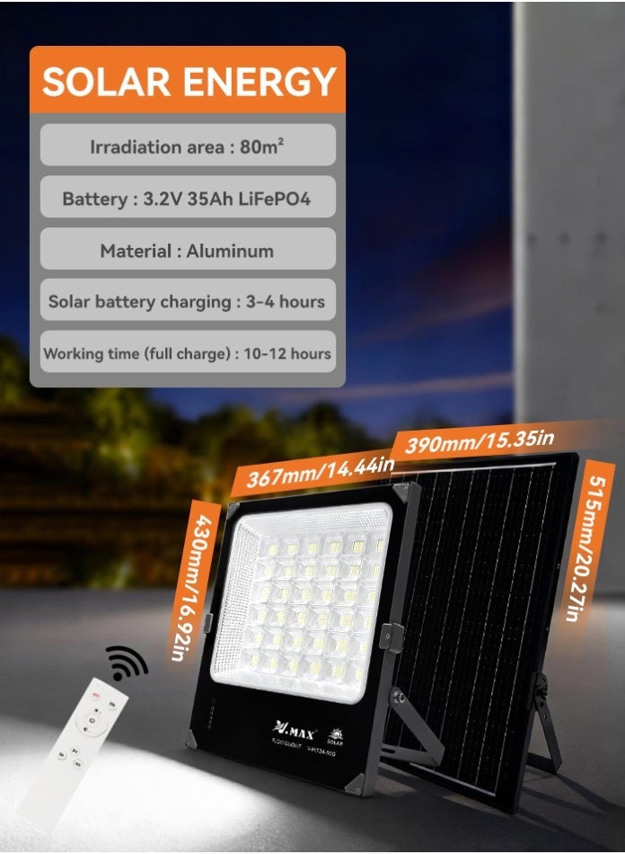 Vmax Solar Flood Light 80m² Coverage | 35W Solar Panel | 35Ah LiFePO4 Battery | Aluminum Body | 10–12H Bright White Lighting | Dusk-to-Dawn, Timer & Remote Control | Ideal for Dubai Villas, Gardens & Parking Areas - Image 3