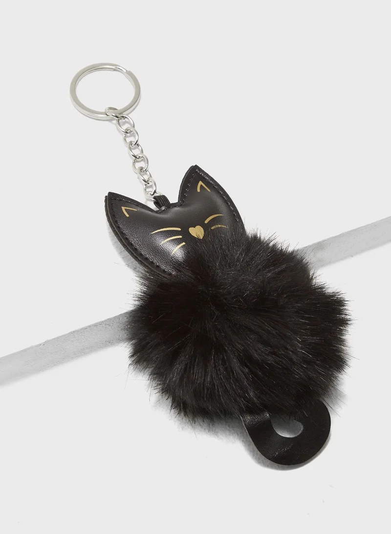 Pink Cactus Cat Shape Pom Pom Keyring