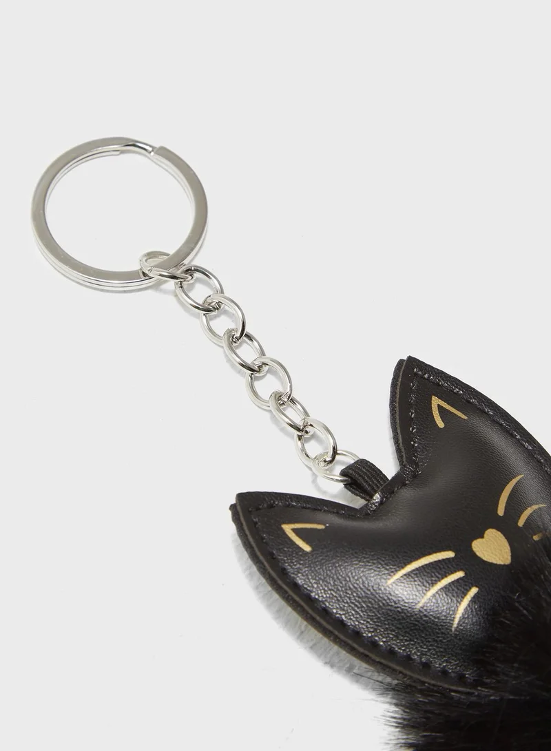 Pink Cactus Cat Shape Pom Pom Keyring