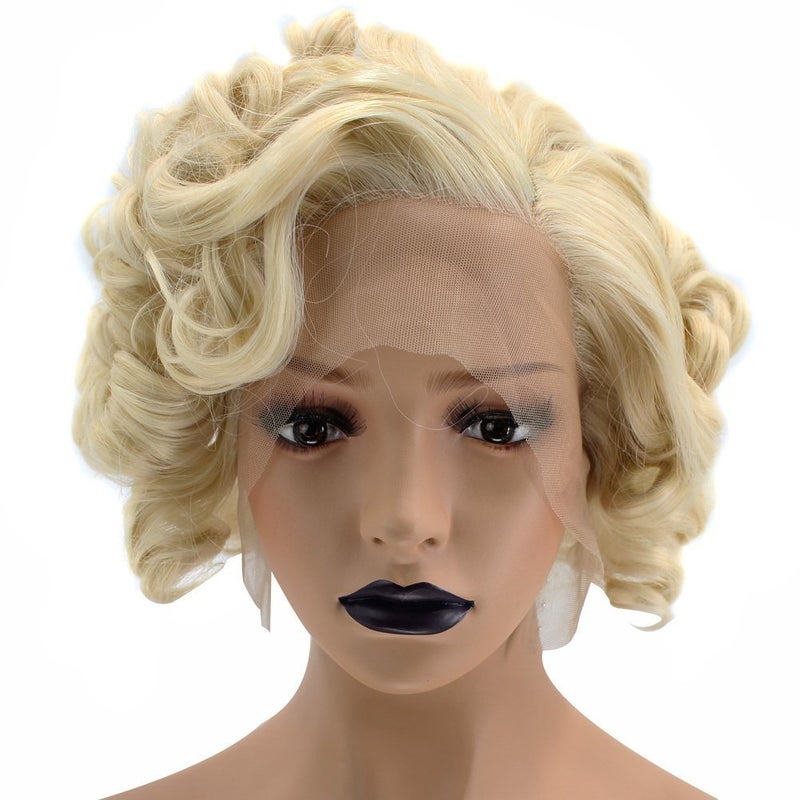 ANOGOL Hair Cap 13  1 Middle Part Light Blonde Lace Front Wig Synthetic Hair Short Curly 613 Blonde Bob Wigs Glueless Natural Hairline For Women