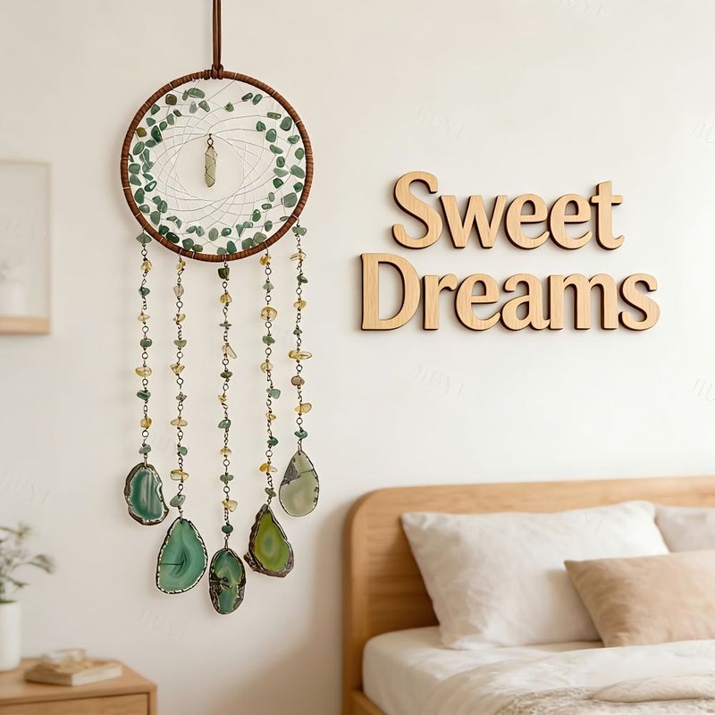 Natural Green Gemstone Garden Dream Catcher Nest Wind Chime Sun Catcher Home Decorative Pendant - Image 1