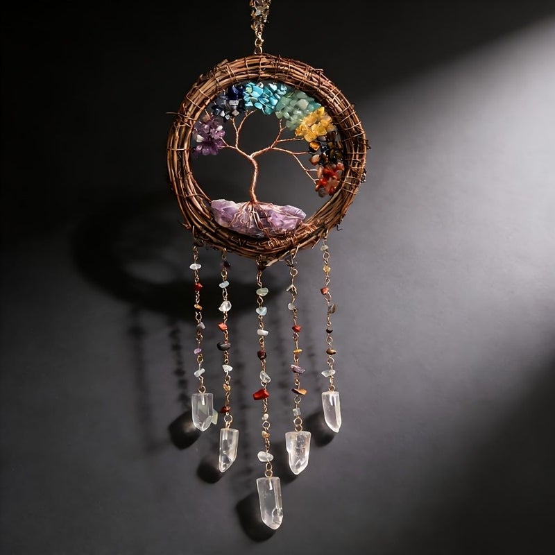 Natural Green Gemstone Garden Dream Catcher Nest Wind Chime Sun Catcher Home Decorative Pendant - Image 5