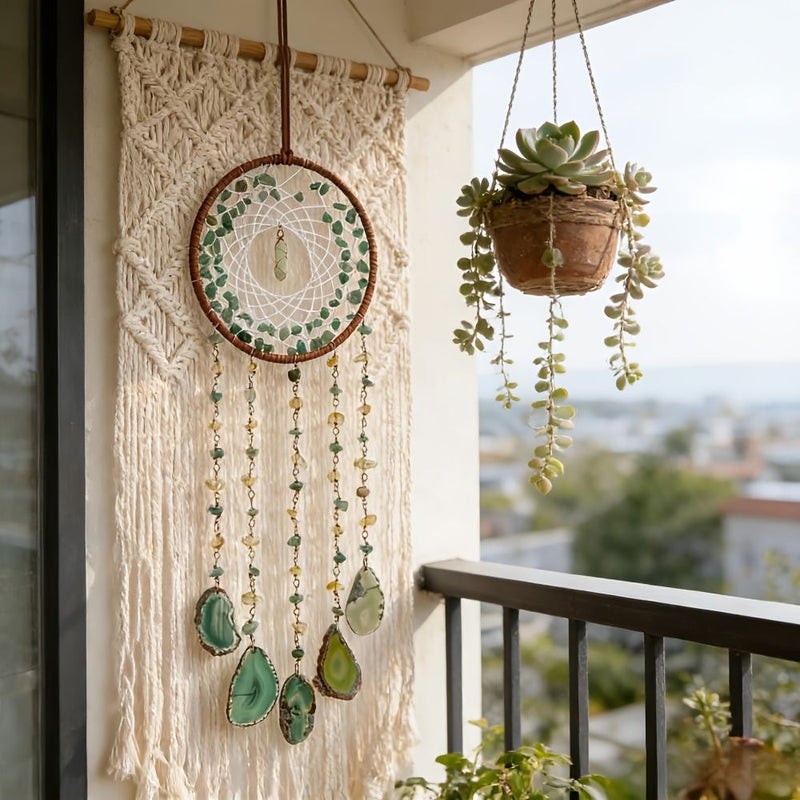 Natural Green Gemstone Garden Dream Catcher Nest Wind Chime Sun Catcher Home Decorative Pendant - Image 2