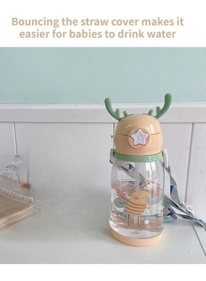 Acrylic water bottle for children with a cartoon print and a large deer horn, portable, anti-fall, with a straw and a belt, used in outdoor activities and camping, capacity 600 ml, healthy (bee drawin  - Image 2