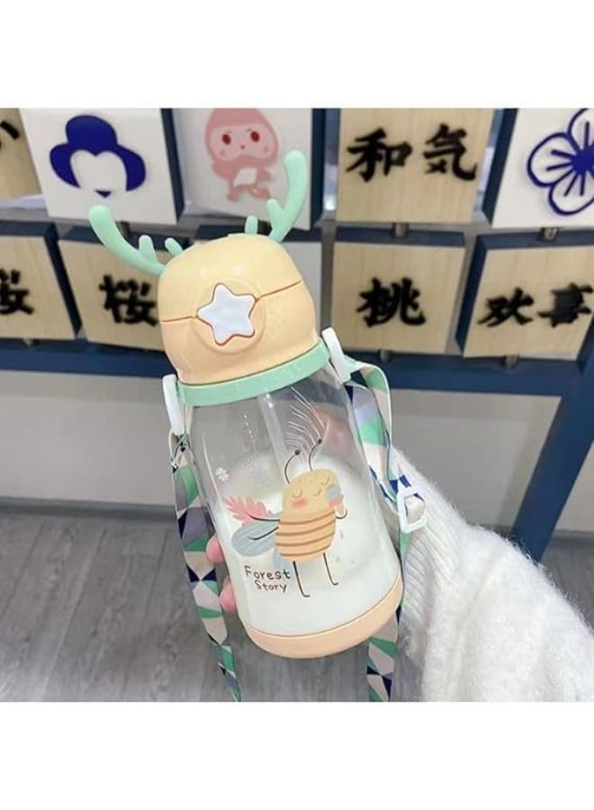 Acrylic water bottle for children with a cartoon print and a large deer horn, portable, anti-fall, with a straw and a belt, used in outdoor activities and camping, capacity 600 ml, healthy (bee drawin  - Image 1