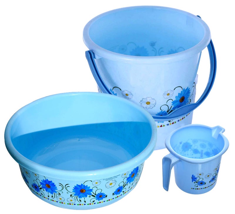 Urbane Home Urbane Home Floral Bathroom Bathing Set of 3 18 LTR Bucket1 LTR Mug40 LTR Bath Tub Blue  - Image 1
