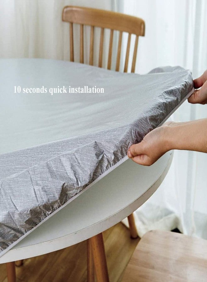 Topwon Round Tablecloth Fitted 70 Inch, Elastic Edge Silver Grey Vinyl Table Cover with Flannel Backing, Waterproof Oil-Proof Wipeable Fits Table up to 57" - 68" - Image 3