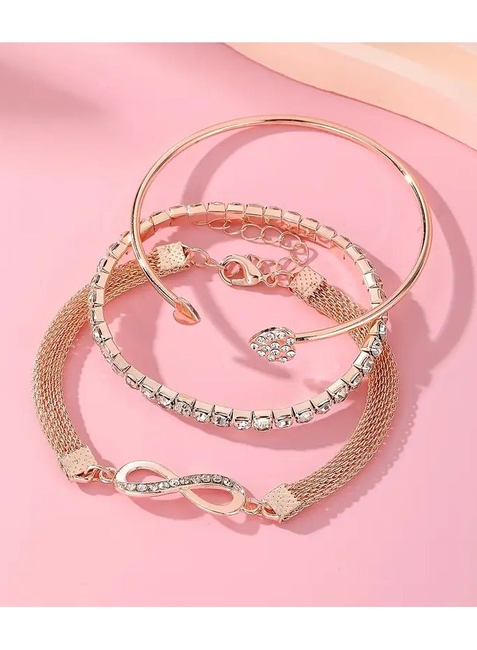 Home Clearance Sale Set Of 3, Vintage High-end Water Drill Lucky 8-character Love Heart Open Bracelet Set, Suitable For Daily Parties To Give To Girlfriend - Image 2