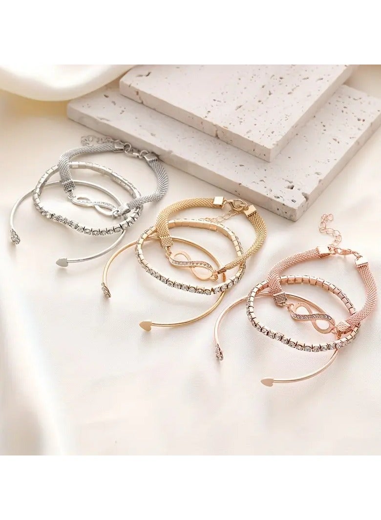 Home Clearance Sale Set Of 3, Vintage High-end Water Drill Lucky 8-character Love Heart Open Bracelet Set, Suitable For Daily Parties To Give To Girlfriend - Image 3