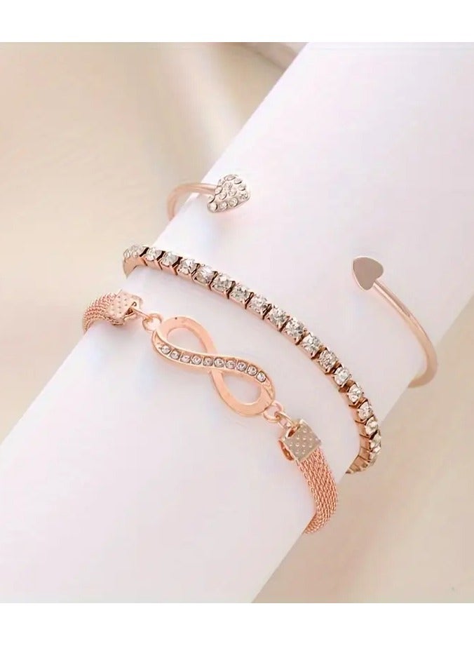 Home Clearance Sale Set Of 3, Vintage High-end Water Drill Lucky 8-character Love Heart Open Bracelet Set, Suitable For Daily Parties To Give To Girlfriend - Image 4